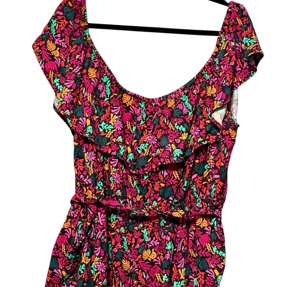 Ava & Viv Linen Bright Floral Print Ruffle Off Shoulder Neckline Belted Jumpsuit - Picture 10 of 14